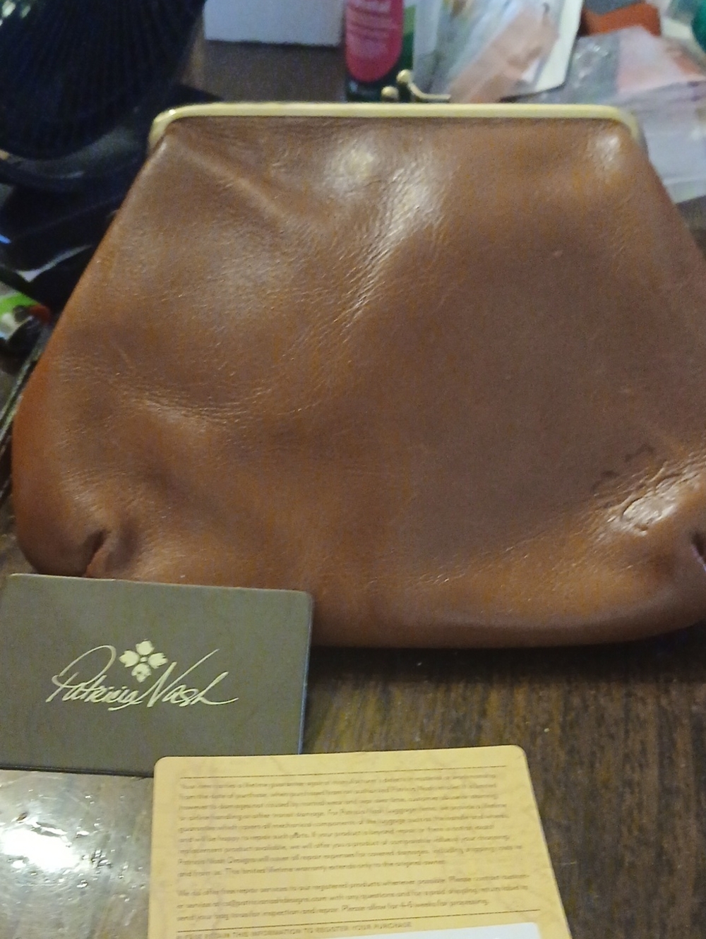 Patricia Nash Brown Leather Pouch with Brass Frame Like New